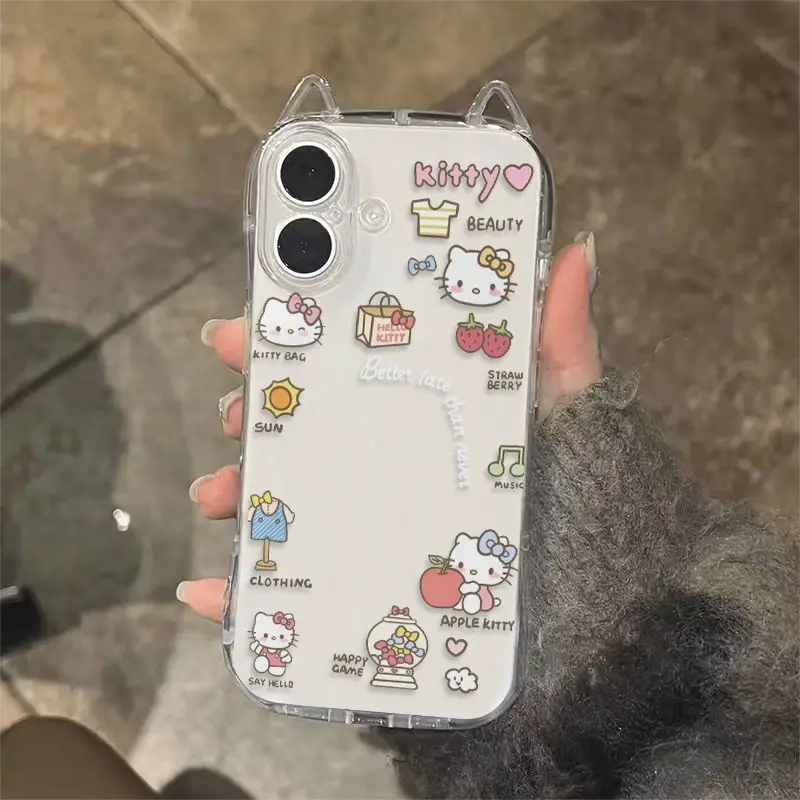 الشمس الفراولة مرحبا كيتي جراب هاتف آيفون 17 16 15 14 13 12 11 برو ماكس XR XS ماكس 7 8 زائد INS آذان القط غطاء شفاف