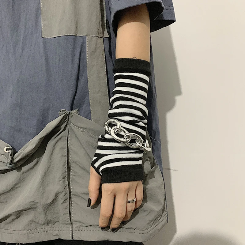 Calentadores de brazo a rayas para mujer, guantes de manga larga, puños Punk, estilo coreano, lana sin dedos, mangas de punto para fiesta, Otoño e Invierno