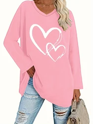 Plus Size Women Valentine Shirts Love Heart Graphic Long Sleeve T-Shirt Casual Cute Valentines Day Gift V Neck Tops