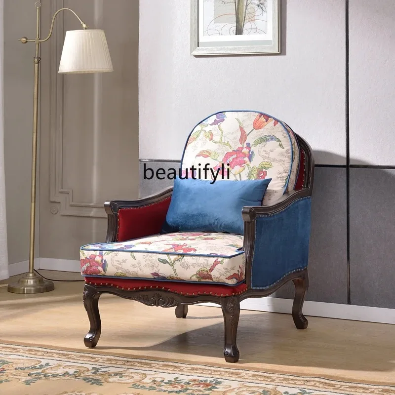 A44 البلد الأمريكي أريكة خشبية صلبة كرسي النسيج الأوروبي عالية الظهر كرسي مجنح غرفة المعيشة الفرنسية أريكة واحدة كرسي الاستجمام