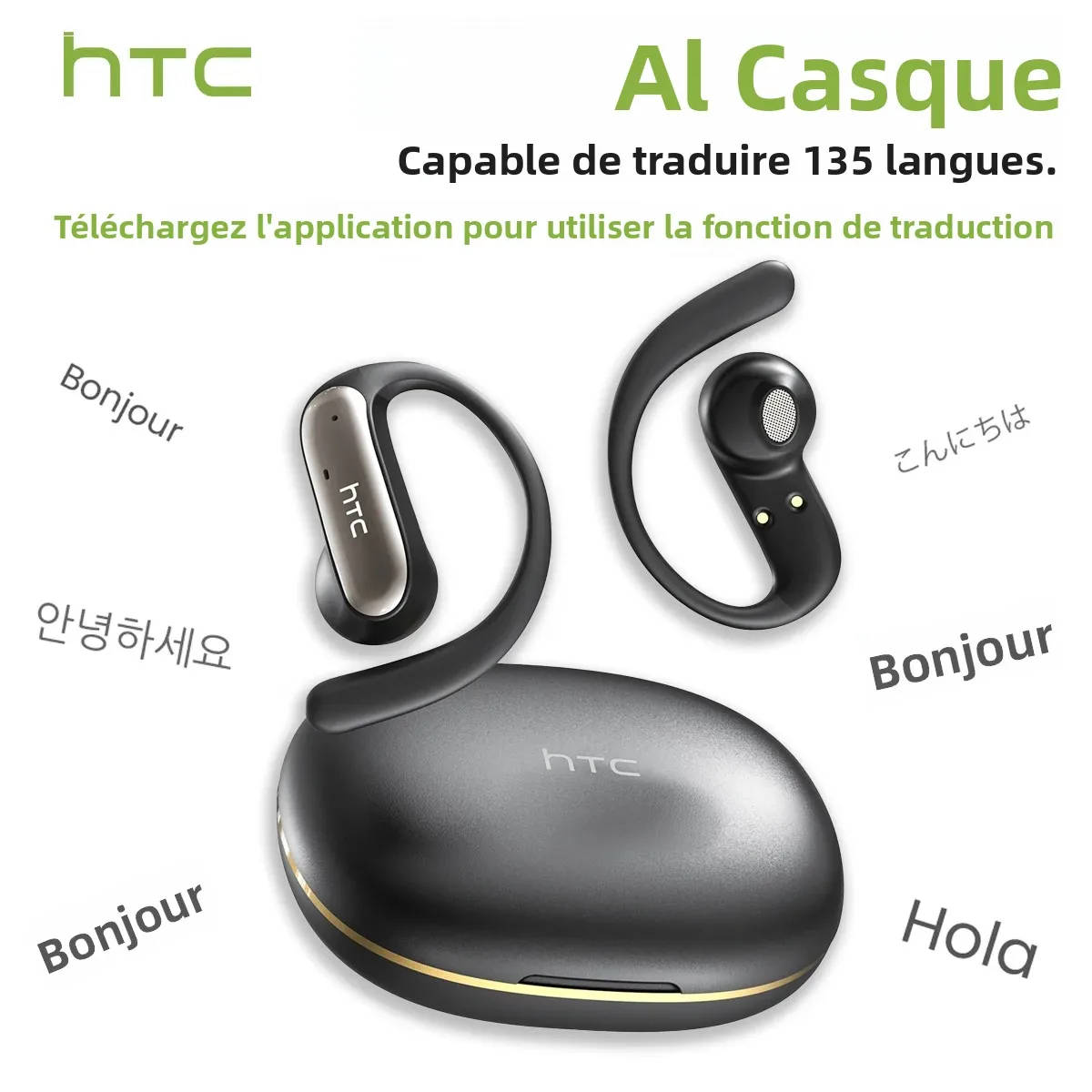 【HTC NE52】 Écouteurs Bluetooth AI OWS Sport Casque sans fil avec micro Écouteurs de basses puissants Écouteurs de traduction AI Longue durée de vie