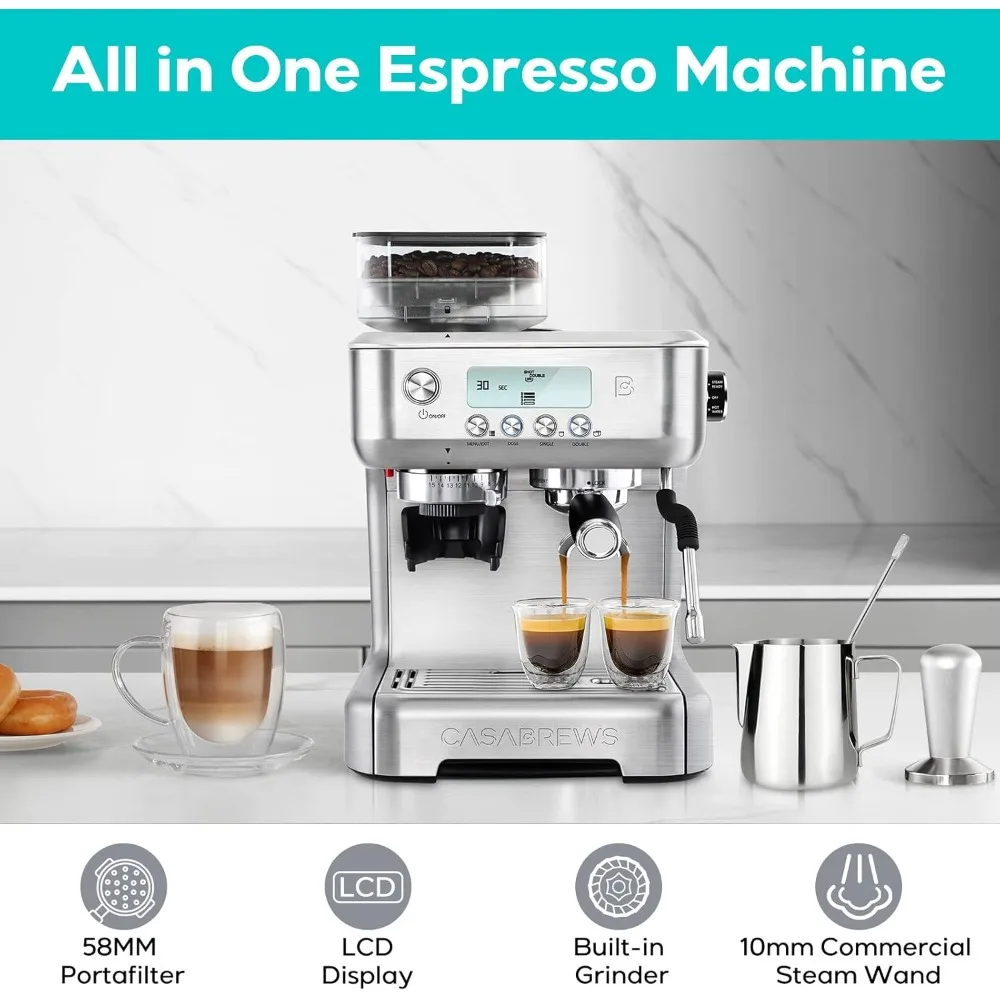 Machine à expresso avec broyeur, machine à expresso Barista avec mousseur à lait, baguette à vapeur, machine à latte professionnelle pour cappuccino