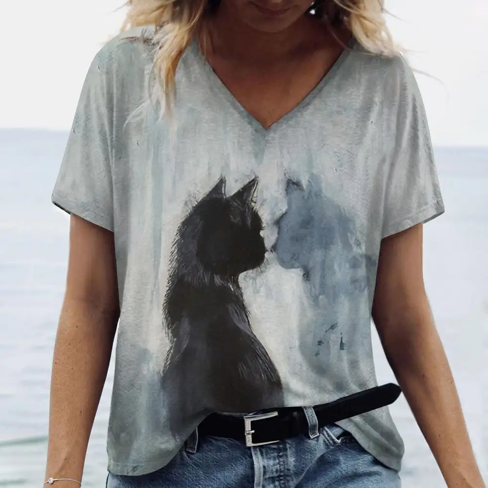 Women's T Shirt Cute Cat Pattern Print Summer O-Neck Short Sleeve Fashion Street Sportwear Plus Size Clothing Animal T-Shirts
