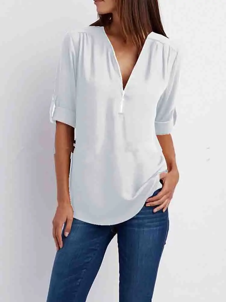 Zipper Short Sleeve Women Shirts Sexy V Neck Solid Color Loose Chiffon Blouse Top Office Lady Casual Oversize T-shirt