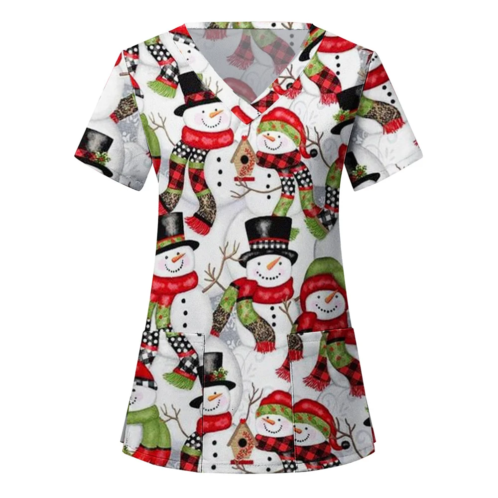 Surgical Uniforms Holidays Christmas Prints Style Pocket Design Surgical Costume Woman V-Neck Short Sleeve Nurse Medical Uniform