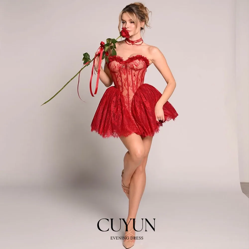 

CUYUN Customized Red Sexy Mini Party Dresses 2026 for Women Sweetheart Lace Short Birthday Prom Gown with Choker Evening Dress