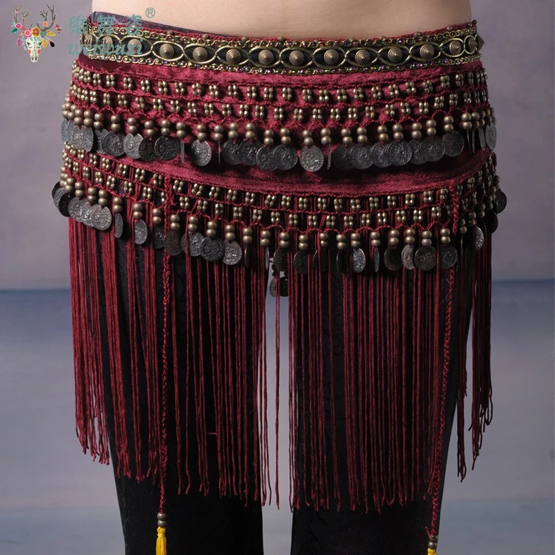 Women Tribal Odinalei Belly Dance Hip Scarves Belly Dancing Waist Belts Hip Scarf Tribal Dance Practice Belt with Fringe Coins