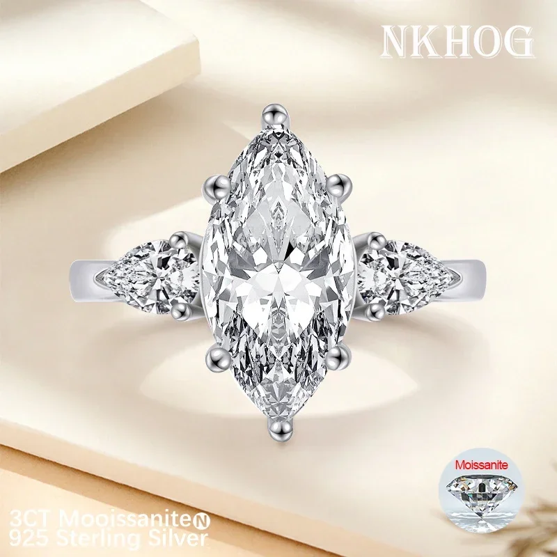 

NKHOG 3-каратное кольцо с муассанитом огранки маркизы, стерлинговое серебро S925, цвет D, бриллиантовое обручальное кольцо, вечерние кольца, подарки, ювелирные изделия, сертифицированные