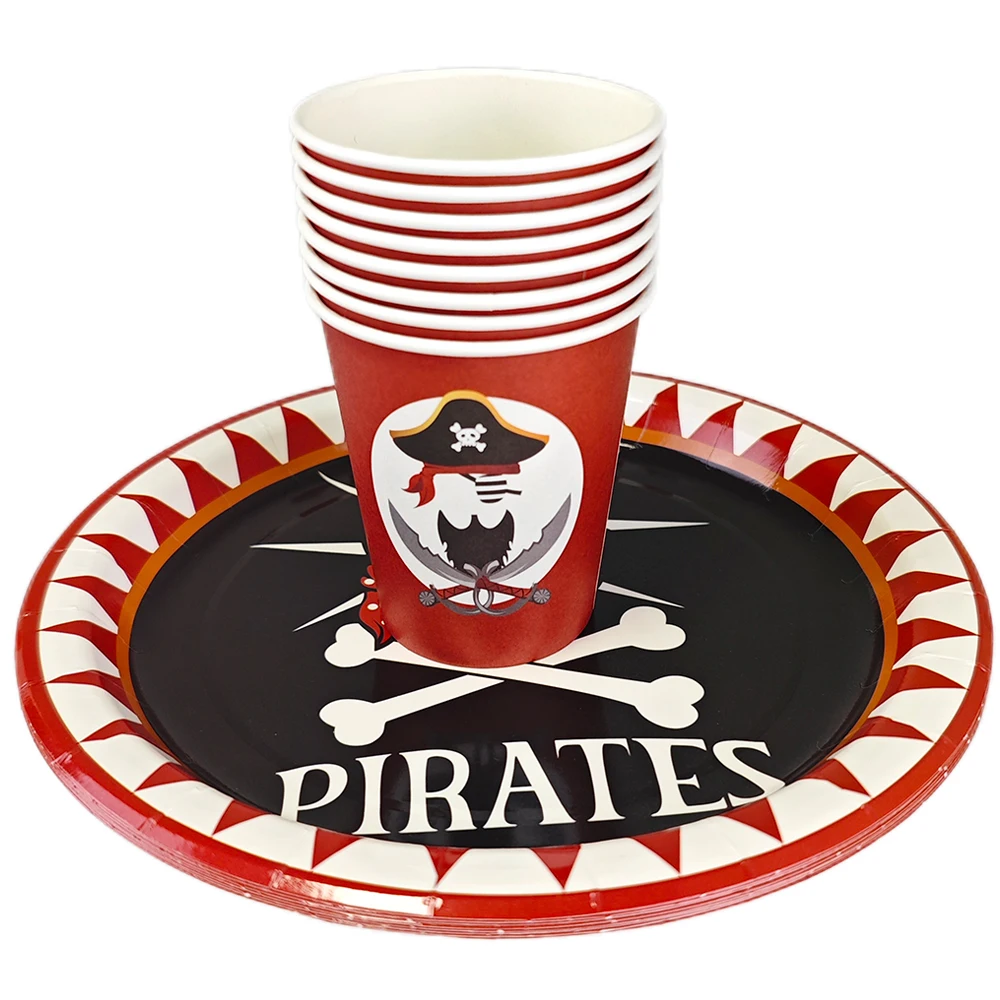 Jednorazowa zastawa stołowa z motywem pirata Czerwony Czarny Papierowy talerz Kubek Serwetka Chłopiec Cosplay Poszukiwanie skarbów Motyw Urodziny Party Decor Supplies