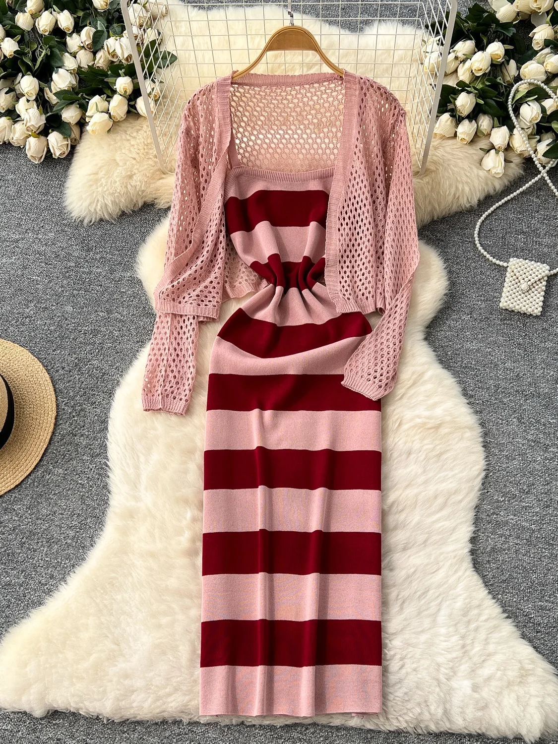 

Striped Knitted Dr with Hollow out Hook Flower Design Sun Protection Outerwear And Belt Women's Summer Faion Set