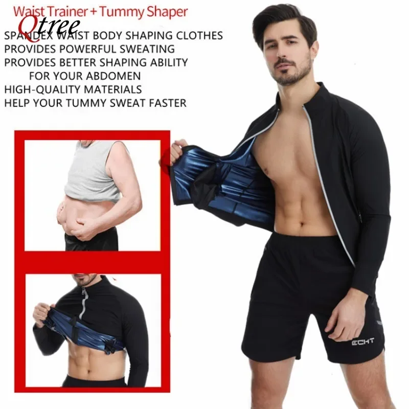 Qtree Slimming Sauna Sweat Suits Men Body Shaper Zipper Weight Loss Compression Jacket Fat Burn Waist Trainer Hot Thermo Gym