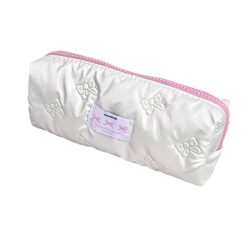 1 Piece Ins Style Student Simplicity Korean Pencil Pouch White Pink Color Bow Pencil Bag Large Capacity Stationery Storage Bag