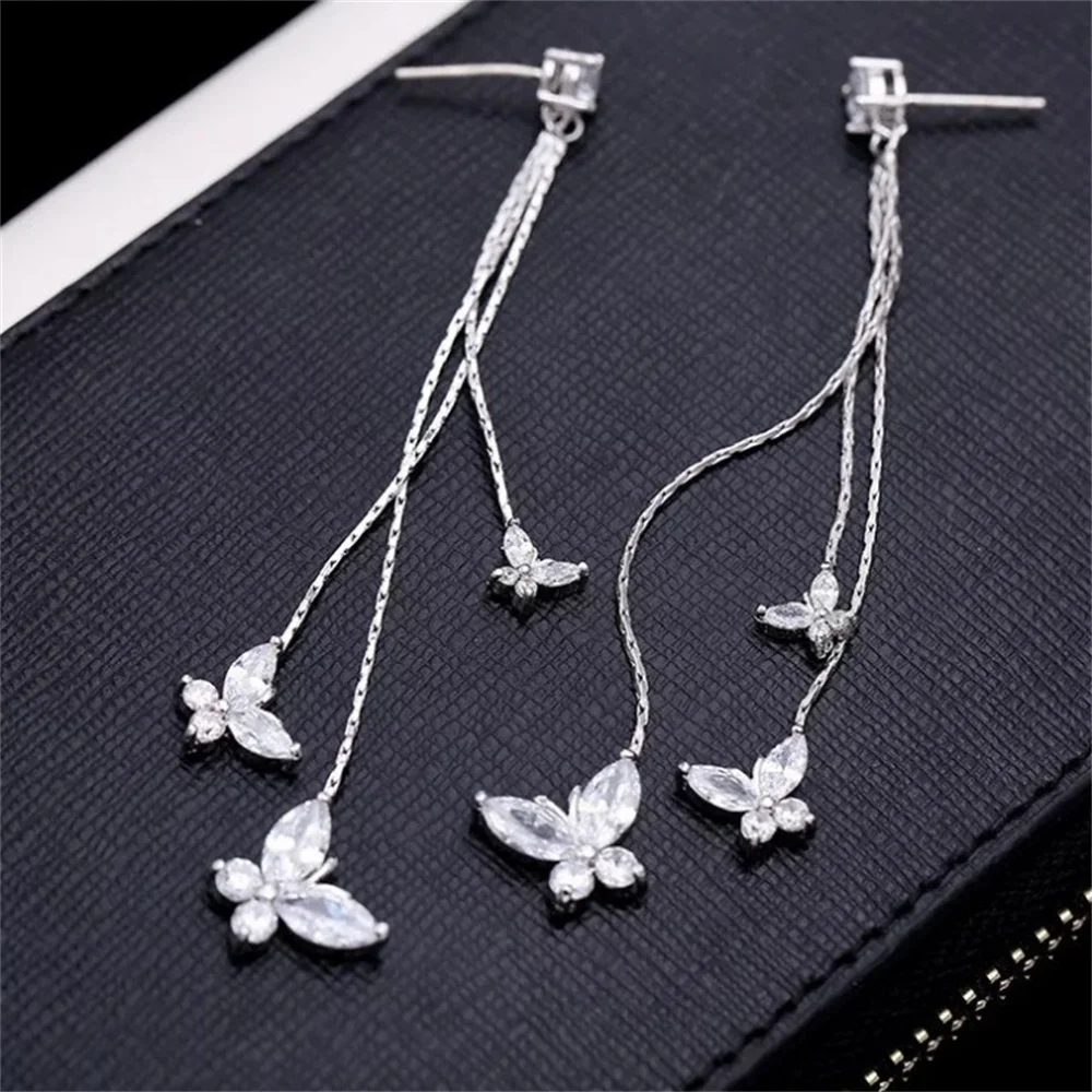 Korean Fashion Zircon Butterfly Tassel Earrings Trendy Crystal Silver Color Rhinestone Pendant Earrings Party Jewelry image 4
