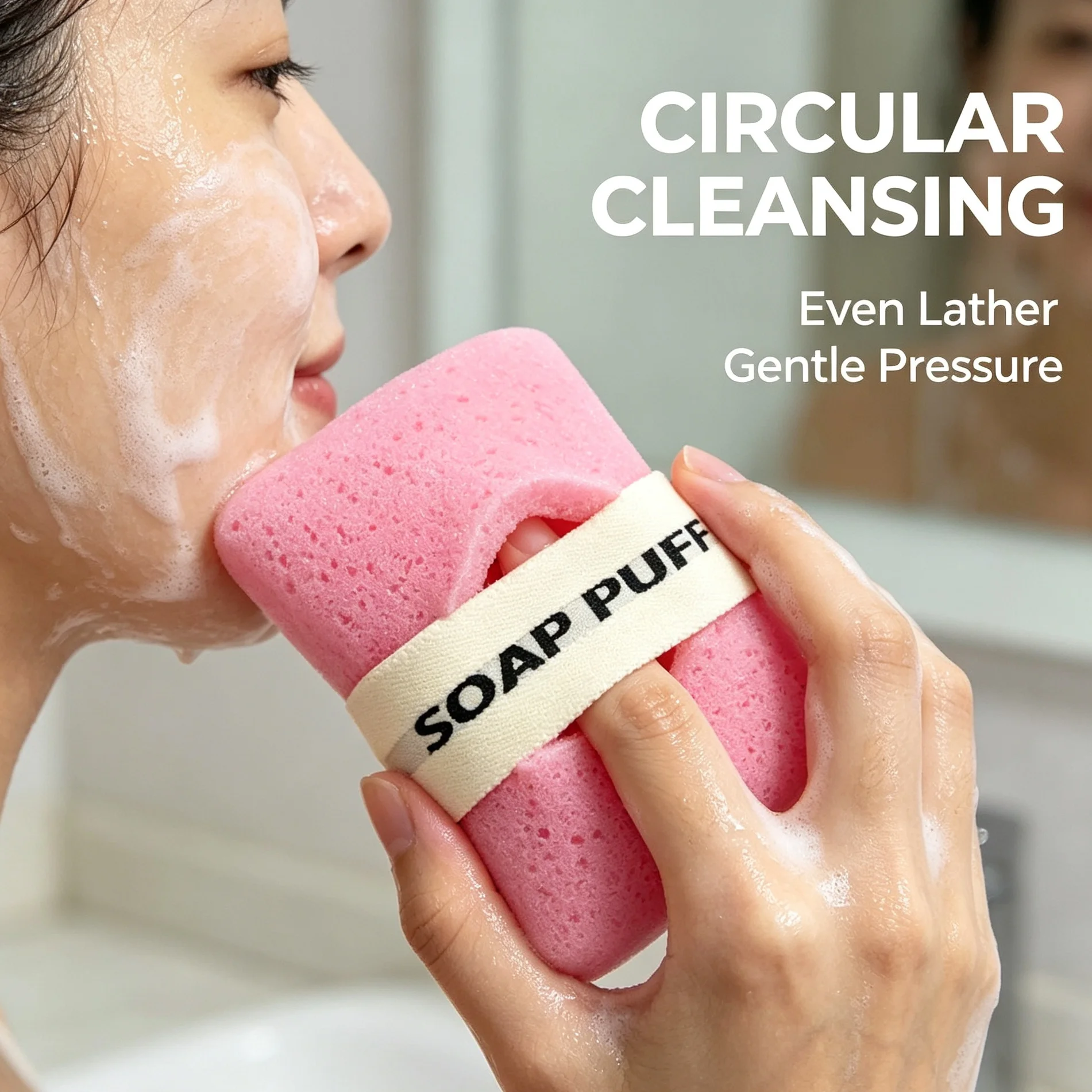 Handheld strap-mounted perforated facial cleansing sponge, soft household sponge cleanser pad.
