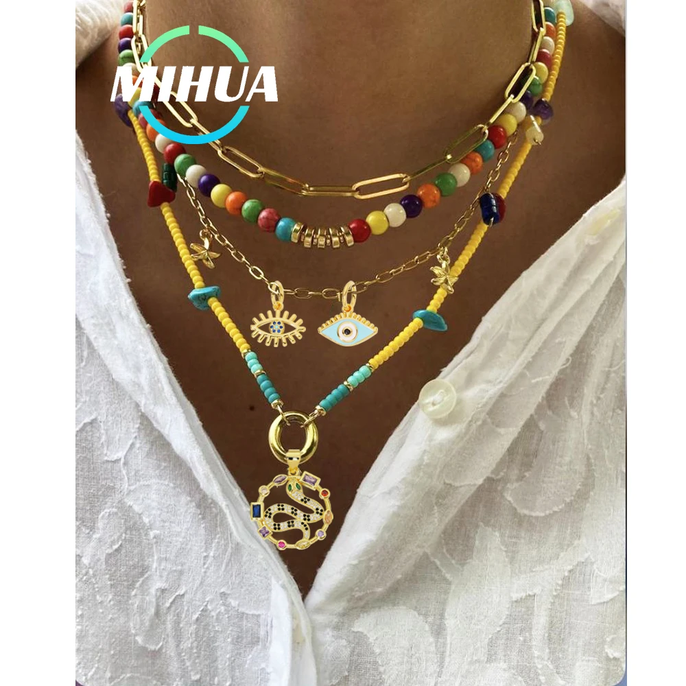 MIHUA Round Enamel 18K Real Gold Plated Exquisite Handwork Enamel Necklaces Micro Inlaid Cubic Zirconia for Women Charm Jewelry