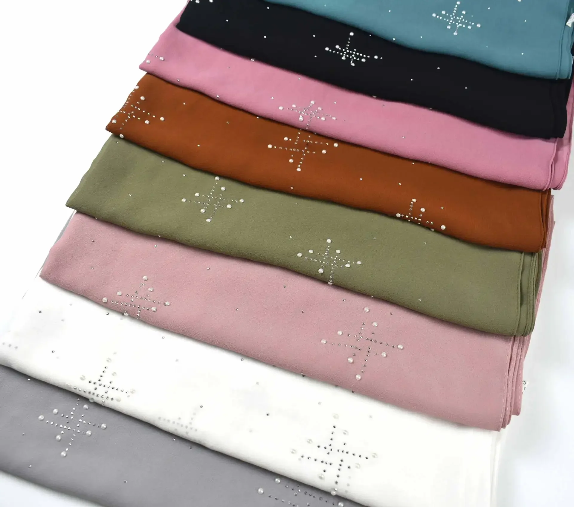 2024 New Pearl Chiffon Hijab Scarf Muslim Women's Headscarf Hijab Ceramic Hot Diamond Solid Color Scarf hijab Wrapped Headscarf