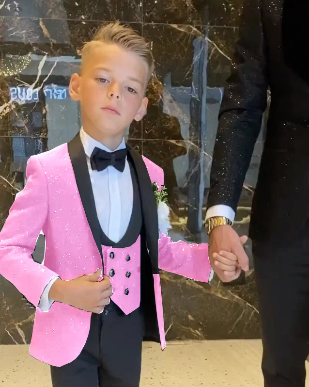 Trajes rosas brillantes para niño, esmoquin de 3 piezas de boda, chal con solapa, trajes de fiesta de graduación para niños, ropa Formal (chaqueta +