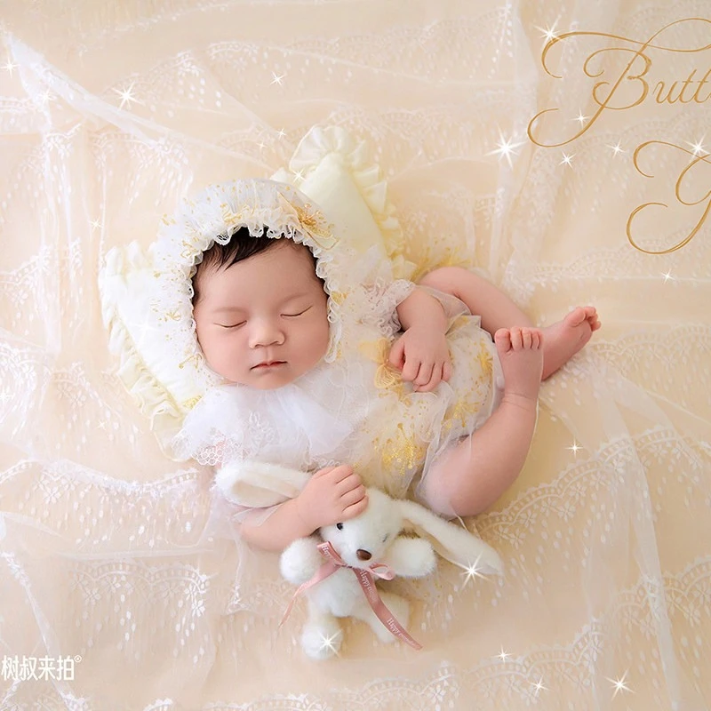 Newborn Photography Props Baby Girl Dress with Hat Backdrop Butterfly Headband with Bunny Doll Mesh Blanket for Studio Photo