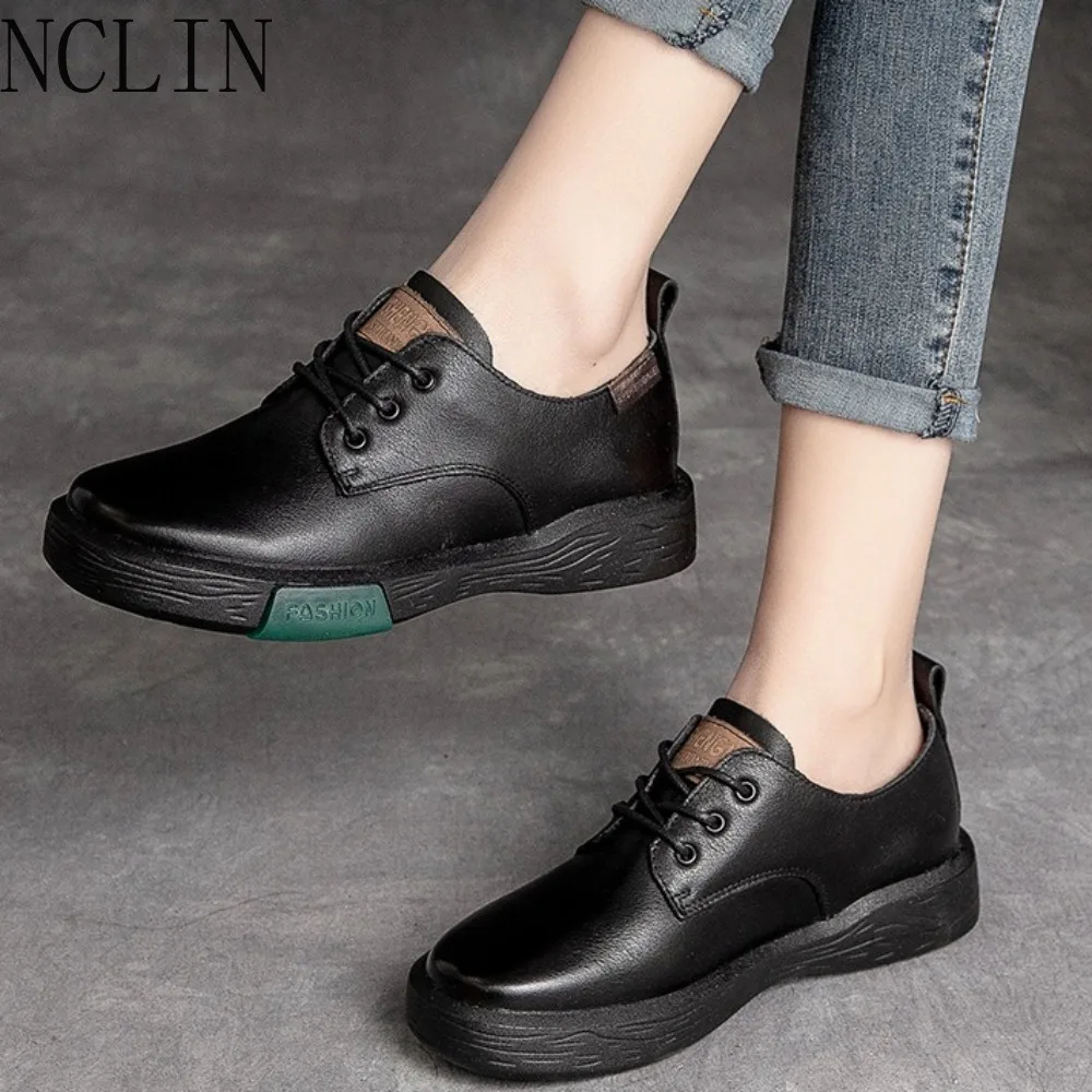 Autumn Deep-mouth Lace-up Women's Casual Shoes Genuine Leather Polished Single Shoes Versatile Breathable Small Leather Shoes