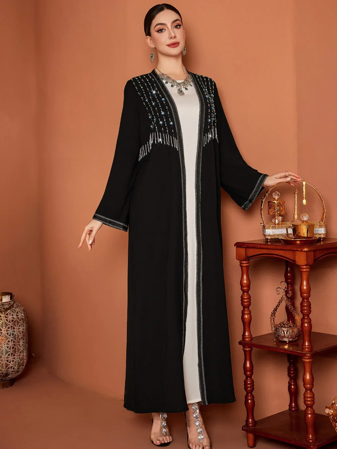 イード女性用アバヤ手縫いダイヤモンドムスリムオープンビーズ装飾ベスティドス・ラルゴス・パーティーカフタン・ジャラビーヤ・ラマダン・ドバイ・アラブロングローブ