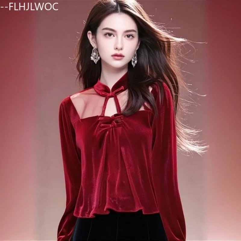 

Новогодняя рождественская красная бархатная блузка, женская осенне-зимняя базовая элегантная ретро винтажная рубашка с воротником-стойкой и прозрачной сеткой