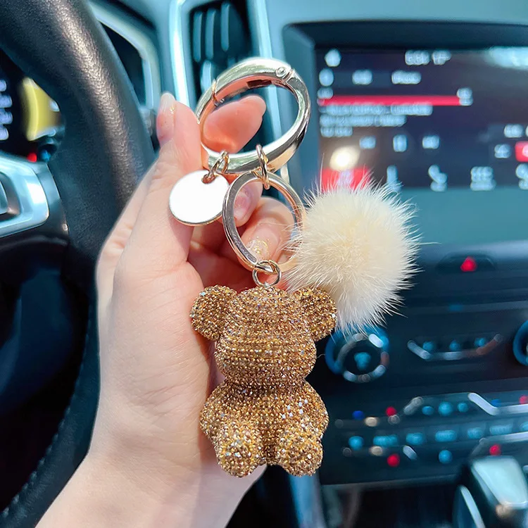 Neuer Modischer Voll-Diamant-Sitzender-Bär-Schlüsselanhänger Kreativer Nerzhaar-Autoschlüsselanhänger Niedlicher Taschenanhänger Geschenk – Detail 8