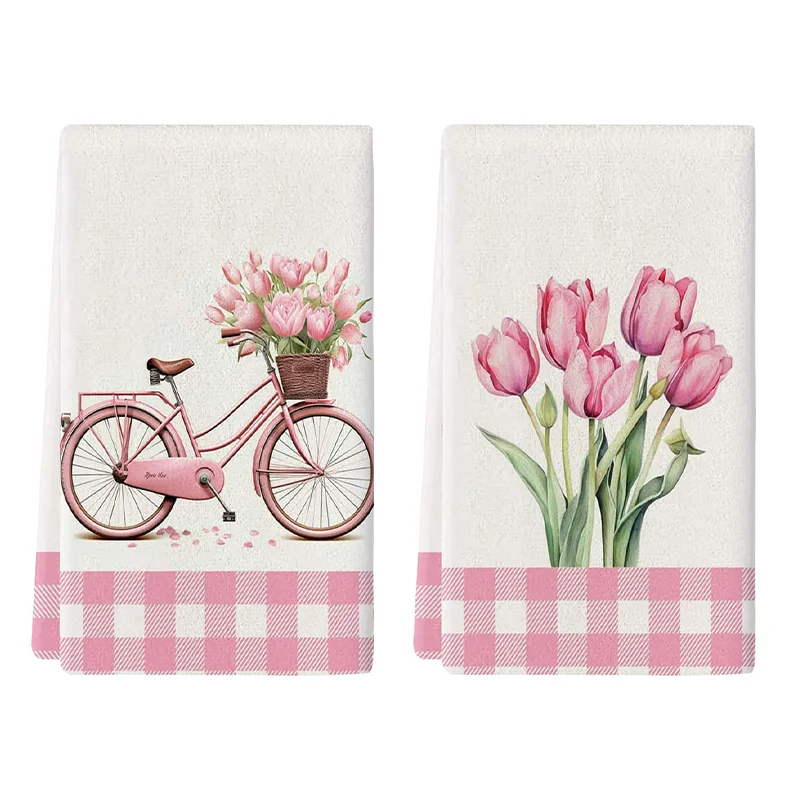 2Pcs, Pink Tulip and Spring Bicycle Kitchen Towels, 40Cm*60Cm Towel Set, Super Absorbent Soft Cleaning Cloth, Cooking and Baking Tea Towel, Hand Towel, Cleaning Cloth, Dishcloth, Kitchen Decoration, Living Room Decoration, Kitchen Essentials, Home Essentials