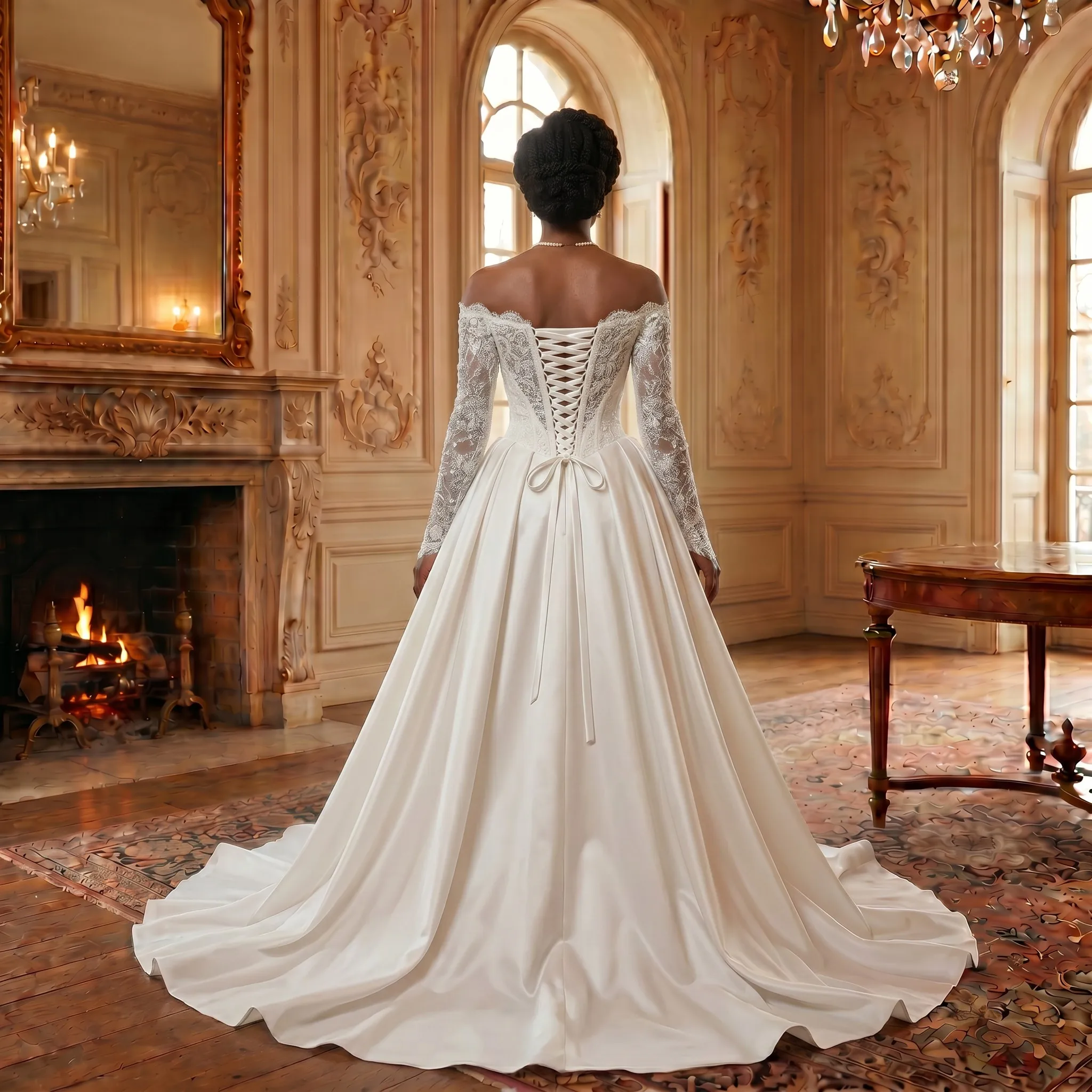 Off Shoulder Lace Sleeve Corset Satin Wedding Dress High Slit Ball Gown Bridal Gown with Chapel Train