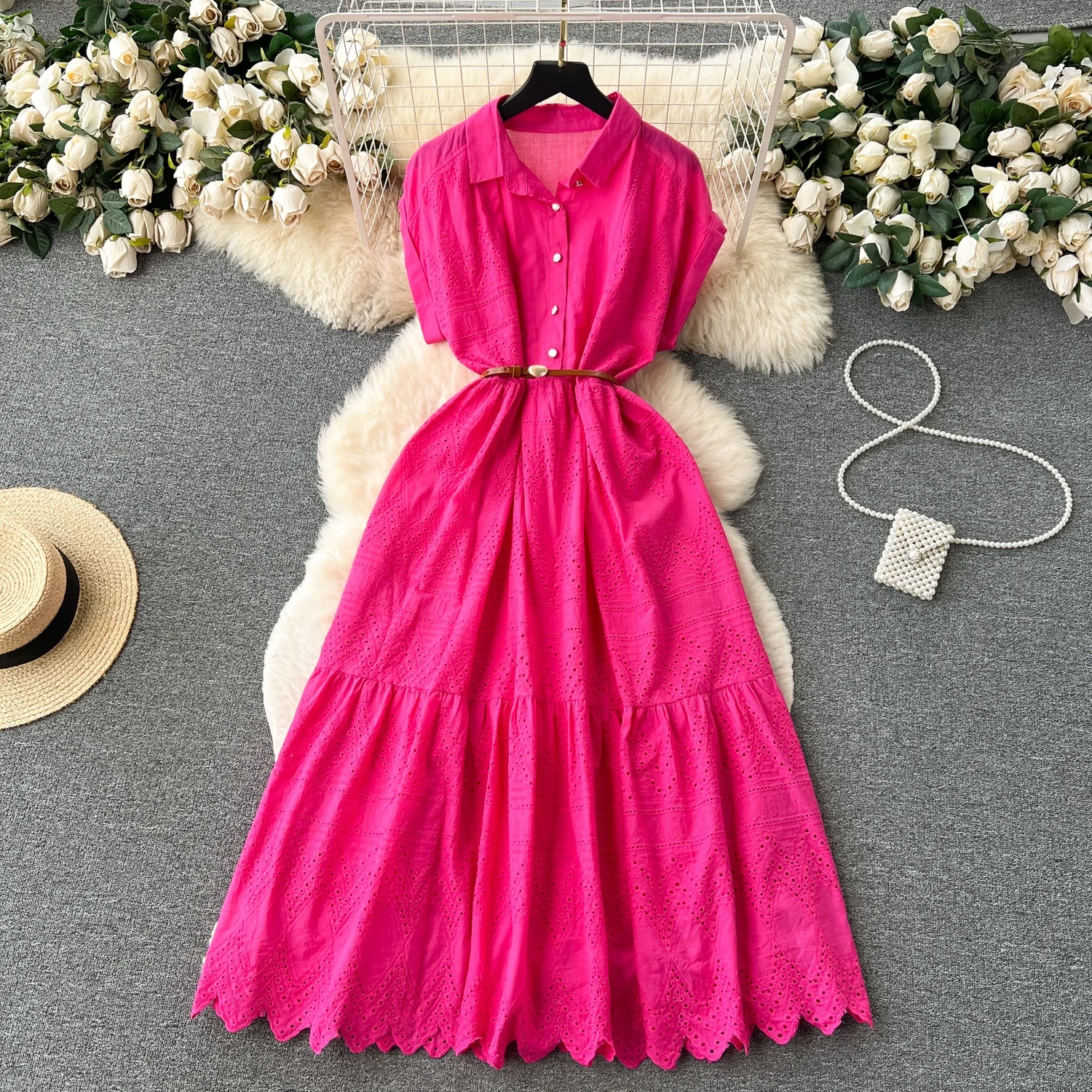 ชุดเดรสยาวทรงหลวม คอปก แขนยาว สำหรับผู้หญิง ฤดูร้อน ดีไซน์กระโปรงทรงเอ จับจีบช่วงเอว แต่งกระดุม สไตล์ลำลองเก๋ไก๋