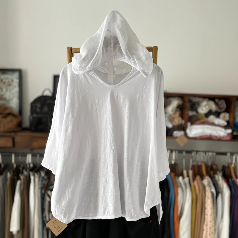 

Women's Half Sleeved Hooded Cotton Linen T-Shirt, Lightweight, White, Vintage, Loose, Female Pulls Tops, Summer Tees