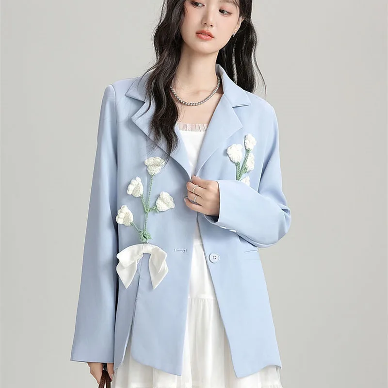 韓国女性用長袖ブレザージャケット 秋 レディース 無地 アウター 2025 ファム レジャー 立体フラワー スーツコート