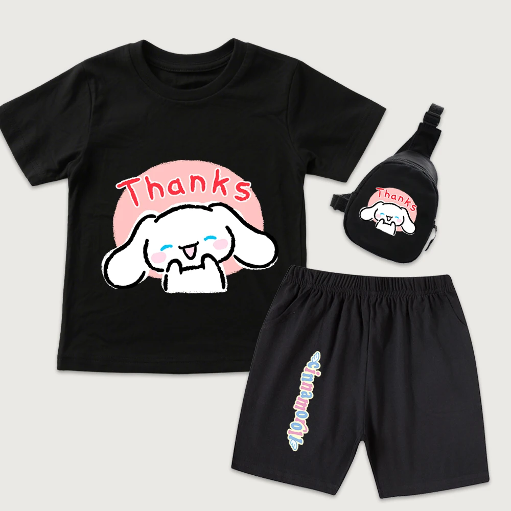 

Детская хлопковая футболка с принтом Cinnamoroll Sweet Thanks, шорты, мини-сумка на грудь, комплект из 3 предметов, повседневная летняя одежда для мальчиков и девочек