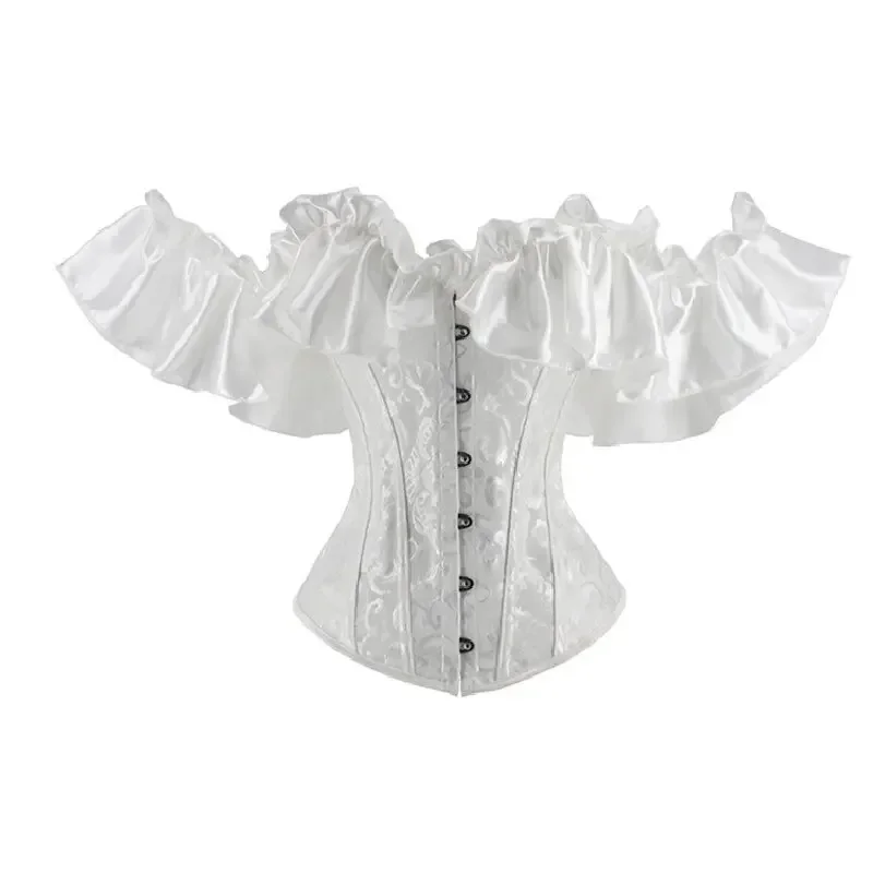 Fashion Women Off Shoulder Ruffles Corset Top Sexy Floral Lace Up Bustiers Overbust Short Sleeve Vintage Burlesque Costumes