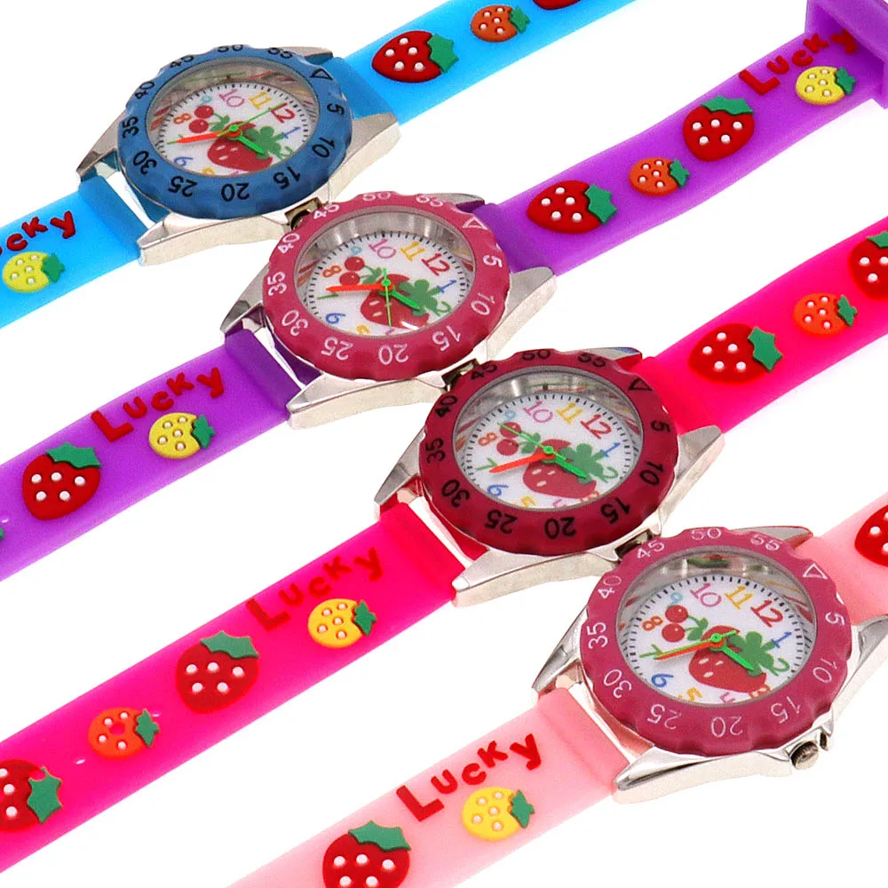 딸기 시계 어린 소녀 시계 핑크 시계 보라색 학생 시계, 실리콘 스트랩 시계, 소년 소녀 선물, 어린이 시계