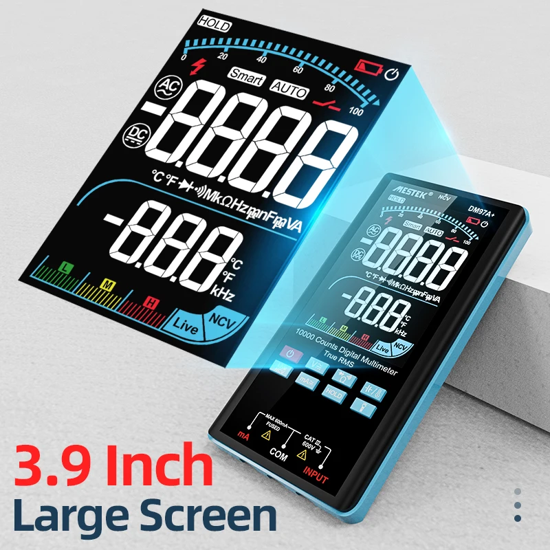 Mestek Professional Digital Multimeter Smart Auto Range AC DC Voltage Current Ohm Hz 9999 Counts Large Screen True RMS Temp Test