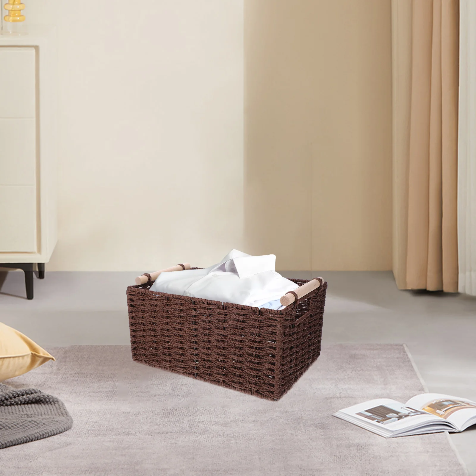 

Woven Storage Basket Desktop ganizer H 31x21x15cm Beige Small Size Home Decor Bin for Clothes Toys Sundries Reusable Safe