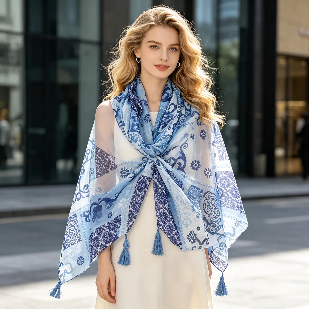 Women Blue Porcelain Printed Tassel Scarf Vintage Patchwork Shawl Soft Lightweight Fashion Wrap Scarves 88x180cm