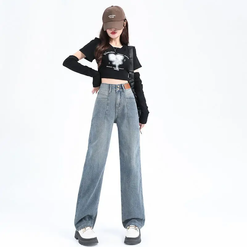 

Retro Blue Denim Jeans Women's Thin Autumn New Small Size Loose Straight Wide Leg Pants Floor-Length Pants Casual Cotton