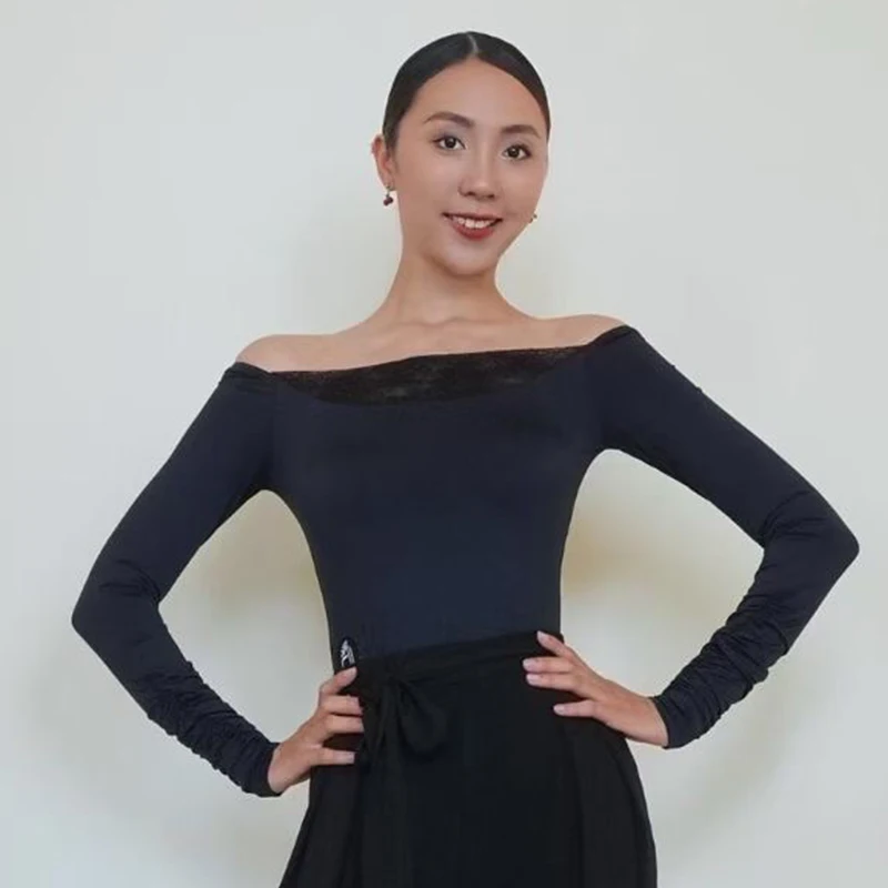 

Топы для латинских бальных танцев с длинными рукавами, трико с вырезом лодочкой и кружевной спинкой, женская тренировочная одежда, одежда для сальсы, румбы, вальса, BL18311