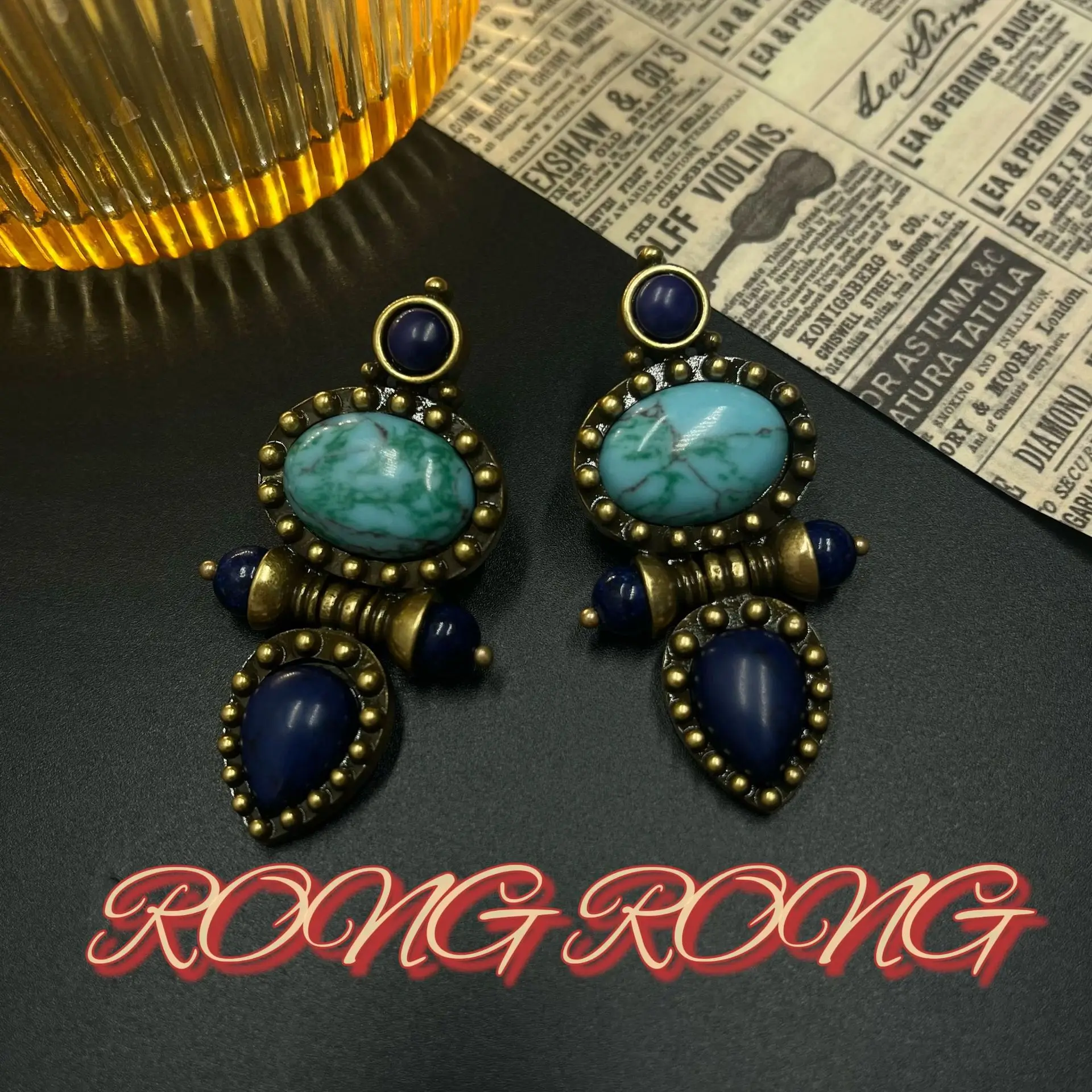 Vintage Jewelry European and American Turquoise Blue Natural Stone Pendant Earrings Western Exaggerated Earrings