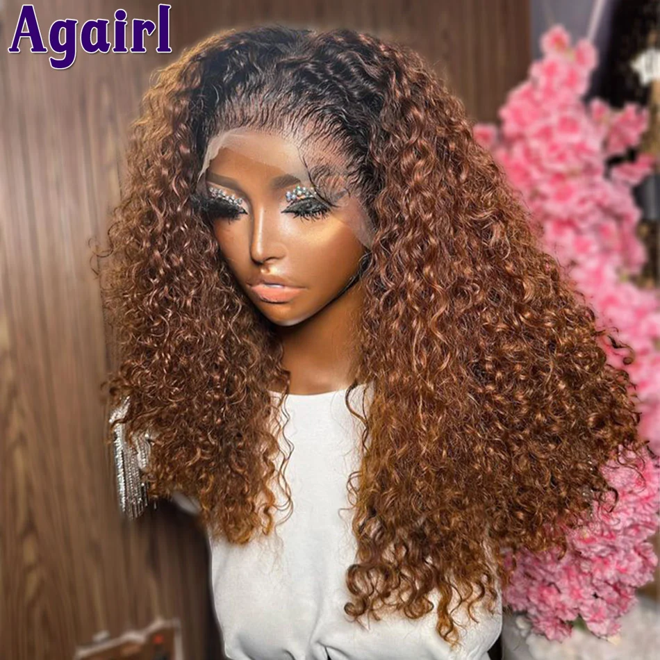 

13X6 Ginger Brown with Black Roots Jerry Curly Lace Front Wig Color 1B/30 Kinky Curly Human Hair Lace Frontal Glueless 13X4 Wigs