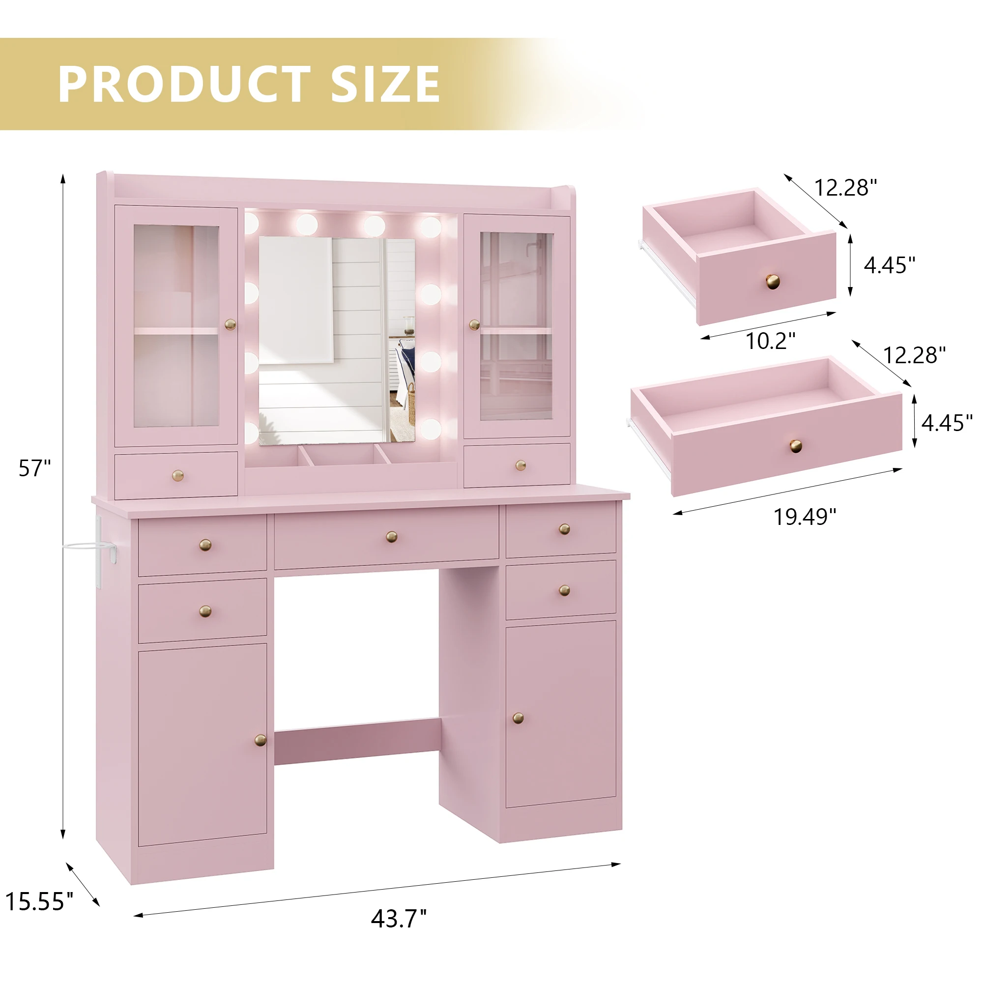 Makeup Vanity Desk with Mirror and Lights, Vanity Table with Storage Drawers, Charging Station & Cabinets for Bedroom