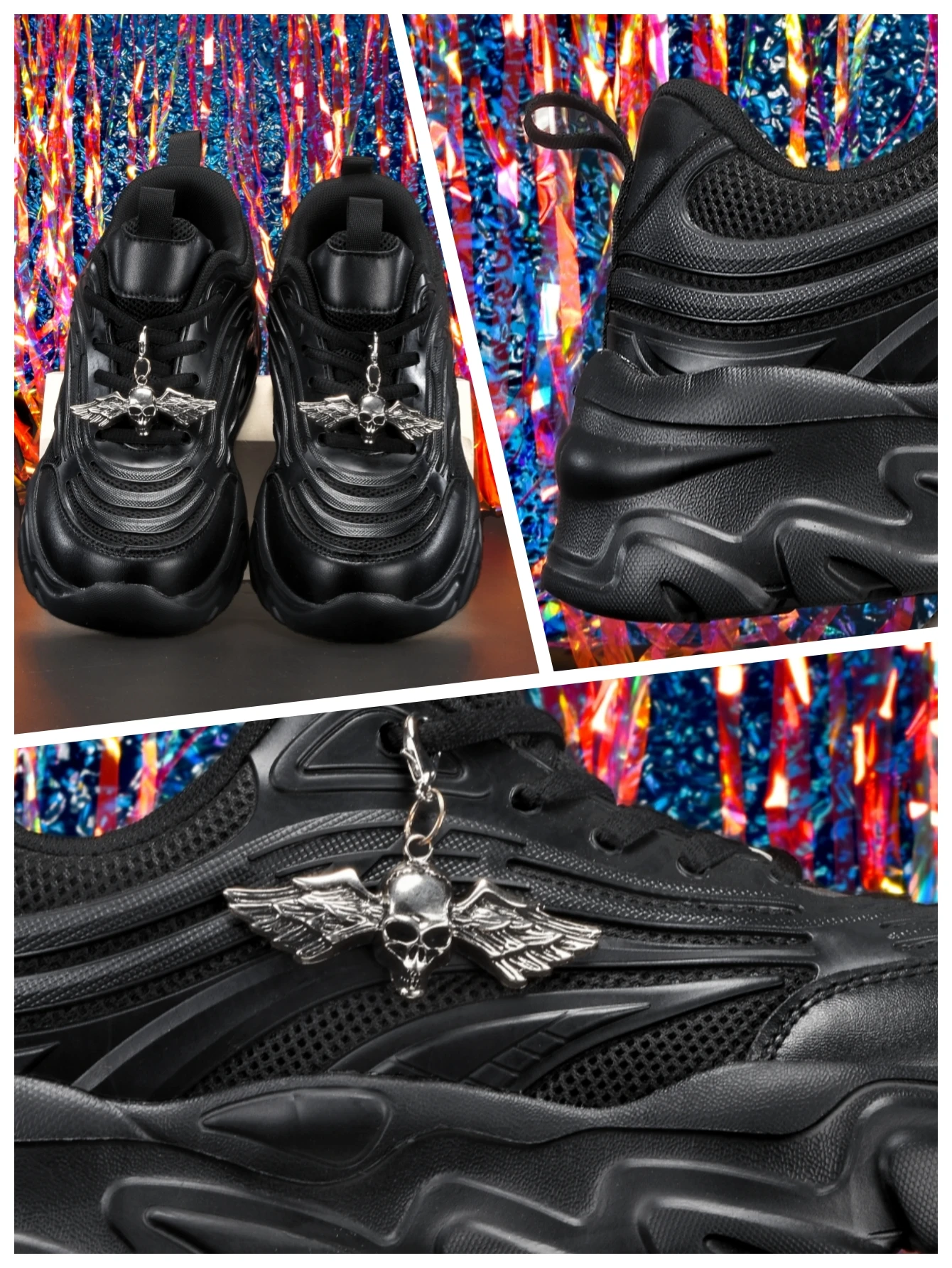 Women's Thick-Soled 5cm Height-Increasing Dad Shoes, Dark Punk Style, Retro Silver Angel Skull Metal Decoration, Mesh Breathable Eva Irregular Sole, Black Casual Sneakers, Trendy Street Style, Unique Design, Sweet Cool Spicy Girl Student Campus Versatile Soft-Soled Comfortable Sports Shoes for Women - view 5