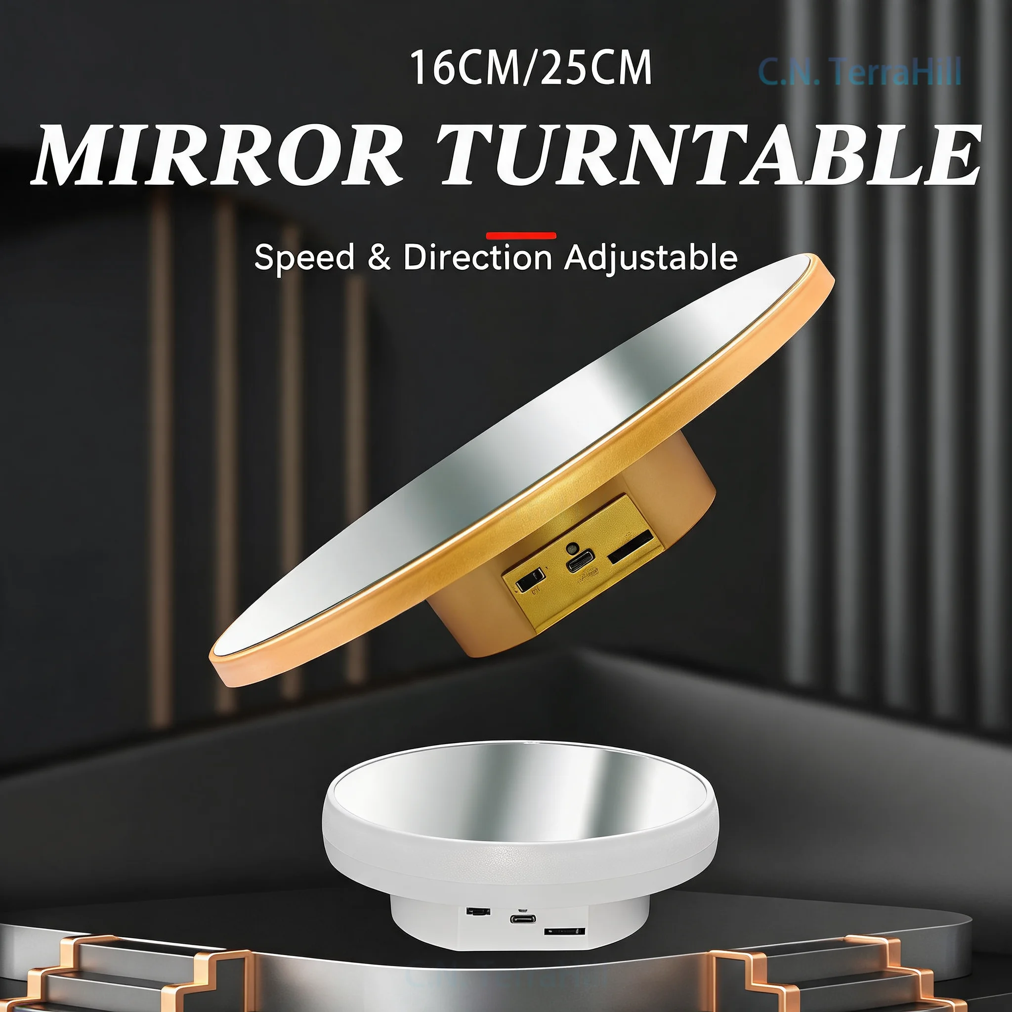 Rotating Display Stand with Mirror Finish, 40cm Turntable for Jewelry Show, Photography Light Box Props, 25cm Base for Model