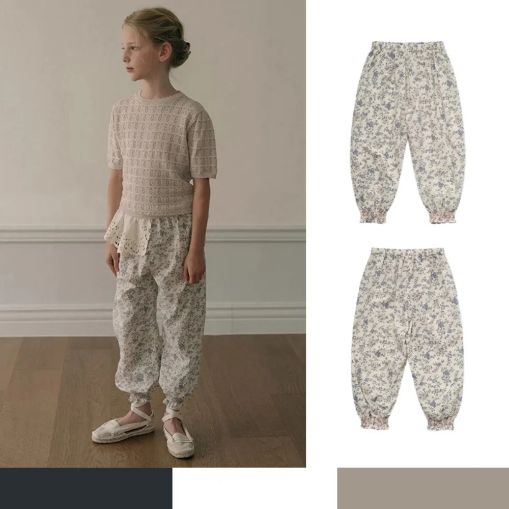 Spring/Summer Cotton Girls Elastic High Waist Vine Print Mosquito-Resistant Pants Children's Clothing Anti-Mosquito Trousers