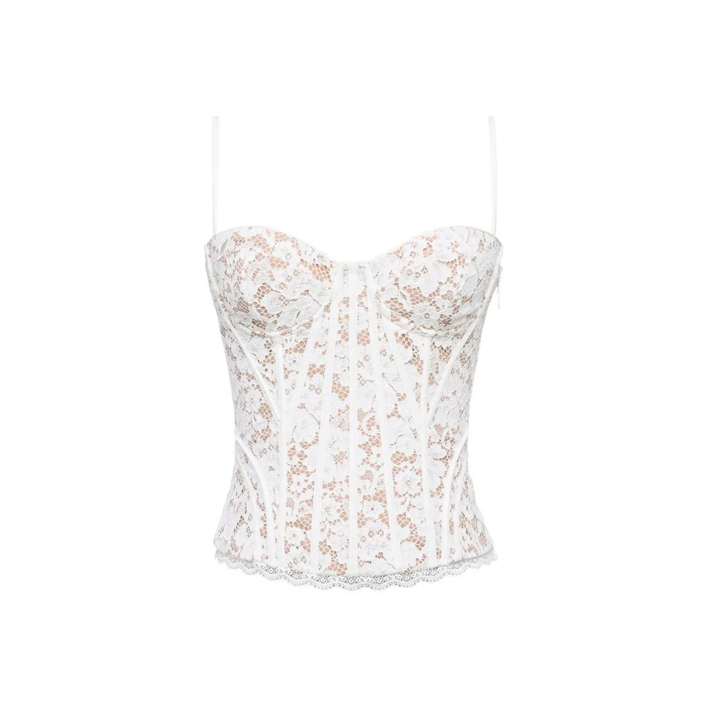 

Fashion Sleeveless Lace Corset Tops Backless Style Spaghetti Strap Fishbone Waist Corset Elegant Sexy Slim Vest Tee Summer