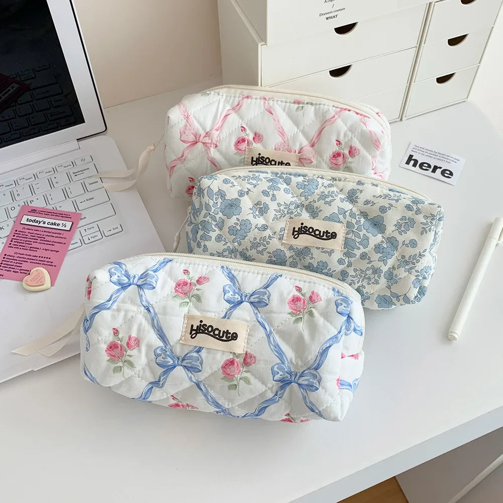 Cute Bow Flower Pencil Bags Quilting Cotton Makeup Bag Zipper Storage Bag Portable Writting Pen Case Girls Stationary Supplies