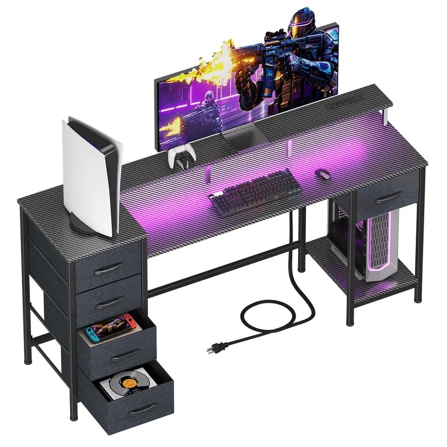 

55 Inch Computer Gaming Desk with Power Outlets LED Lights, Reversible Home Office with Adjustable Fabric Storage Drawers