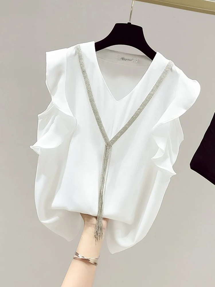 Korean Womens Tops and Blouses Chiffon Fashion Clothing Women Blouses Sleeveless V-Neck White Women Tassel Butterfly shirts