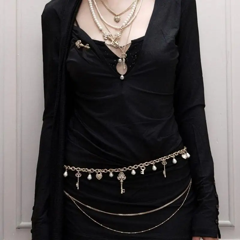 

Trendy Women Waist Jewelry Pearls Decorats Adjsutable Metal Waist Chain Belt For Casual And Formal Occasion Party Outfit
